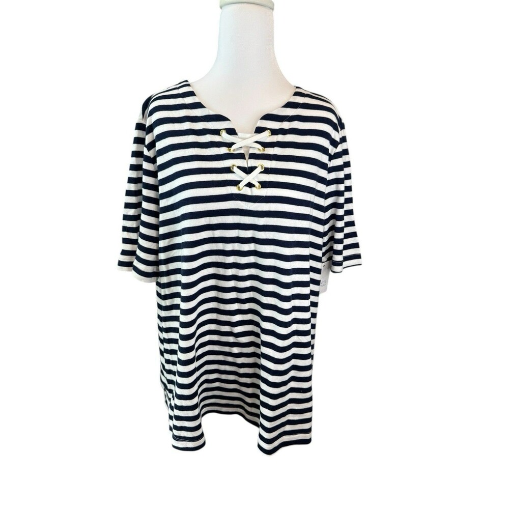 Croft & Barrow Top XXL Blue White Stripe Lace-Up Front NWT Women's